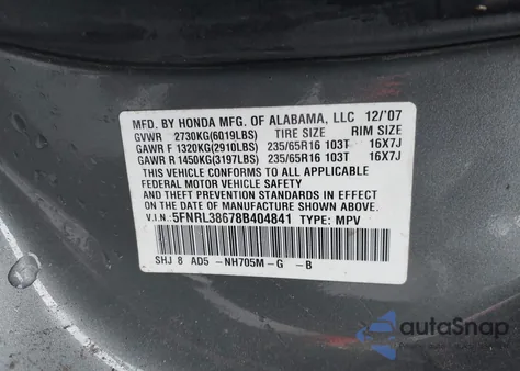 2008 Honda Odyssey Ex-L z USA, uszkodzony, nr VIN 5FNRL38678B404841
